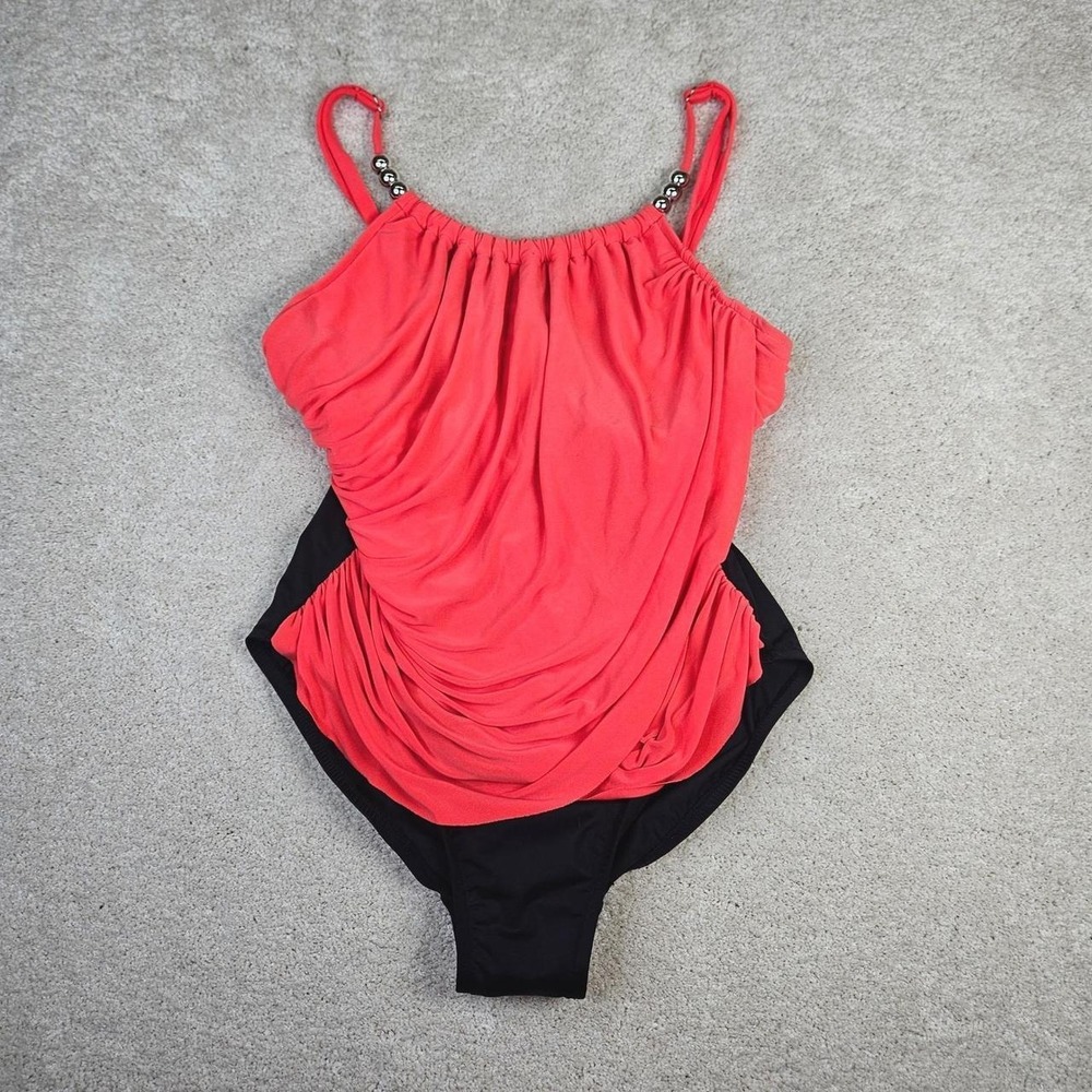 Magicsuit Coral Black One Piece Swimsuit Ruched Tummy Control Size 12 Vacation